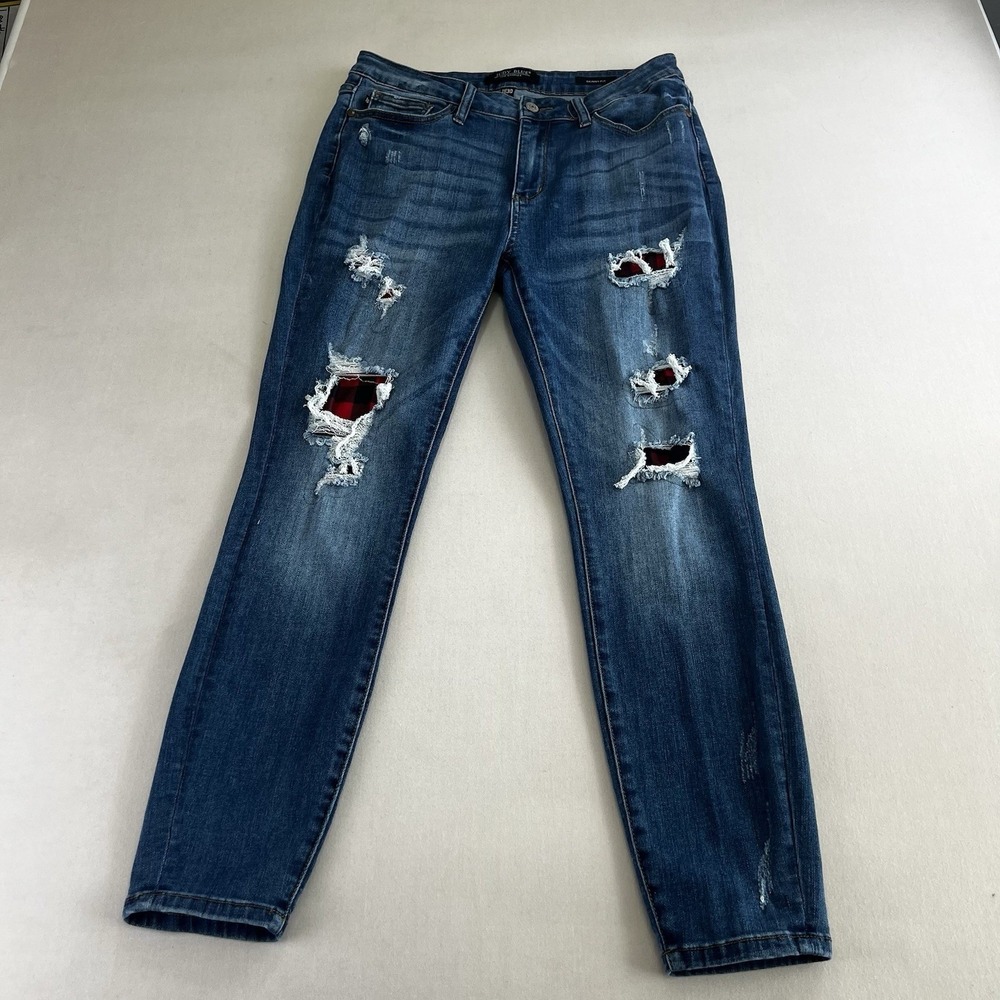 Judy Blue Skinny Fit Distressed Plaid Patch Jeans Medium Wash Denim Womens 11/30